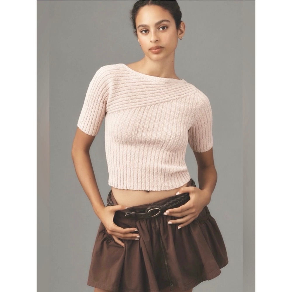 Maeve Blush Pink Ribbed Short-Sleeve Scoop Neck Sweater